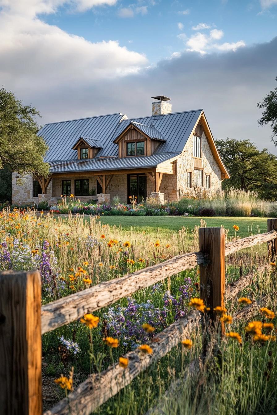 modern timber frame house facade with rusting timber and metal roof front yard with ranch fence and flower garden 3