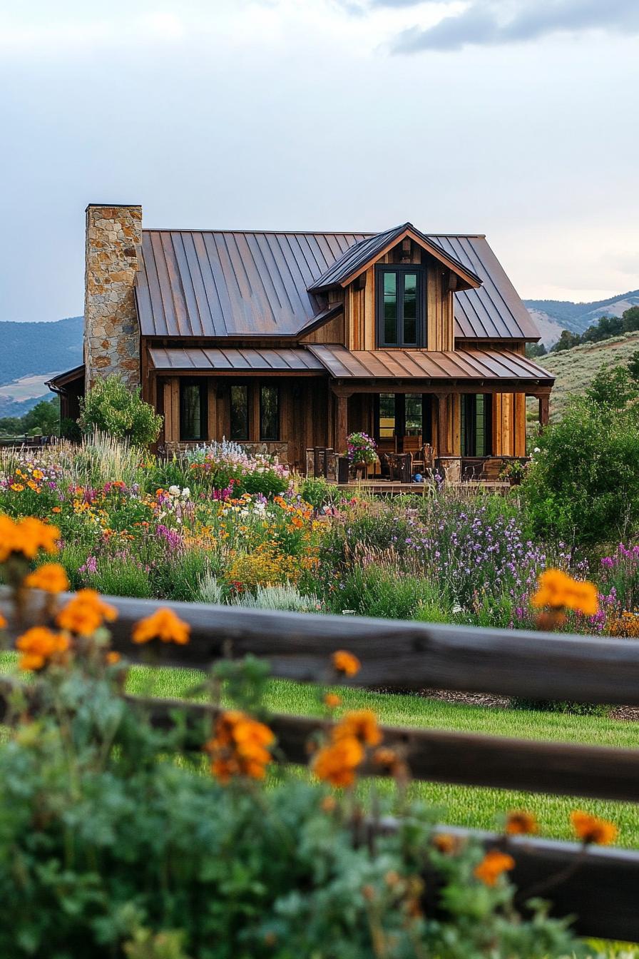 modern timber frame house facade with rusting timber and metal roof front yard with ranch fence and flower garden