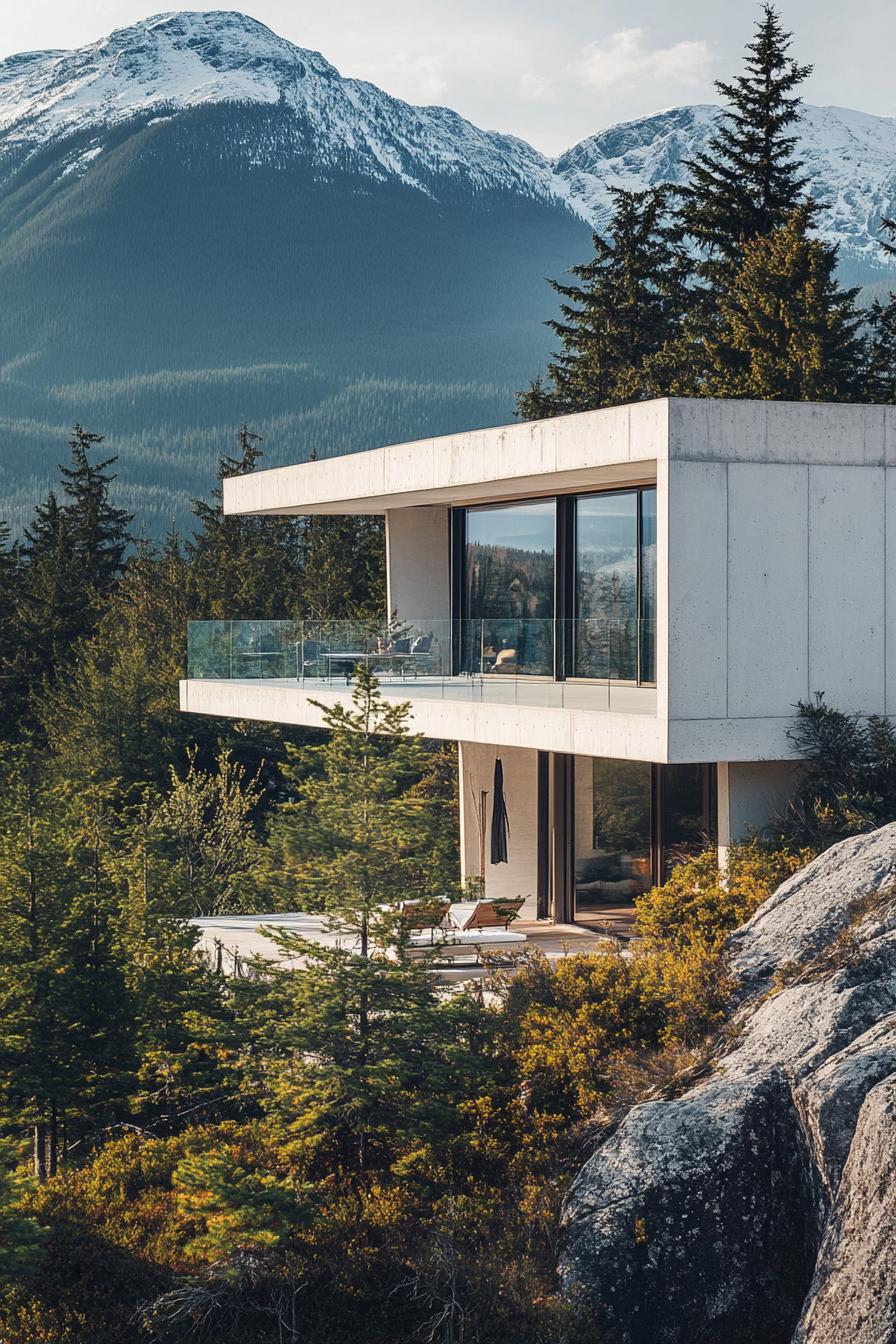 modern white conterete mountain house with panoramic windows Canadian mountains in the background 1