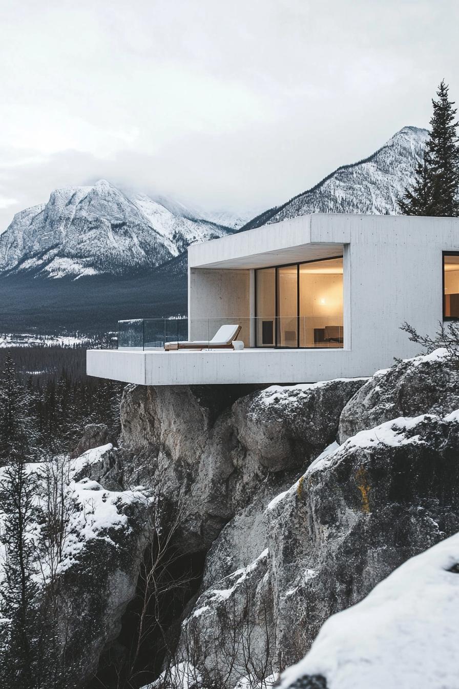 modern white conterete mountain house with panoramic windows Canadian mountains in the background 2