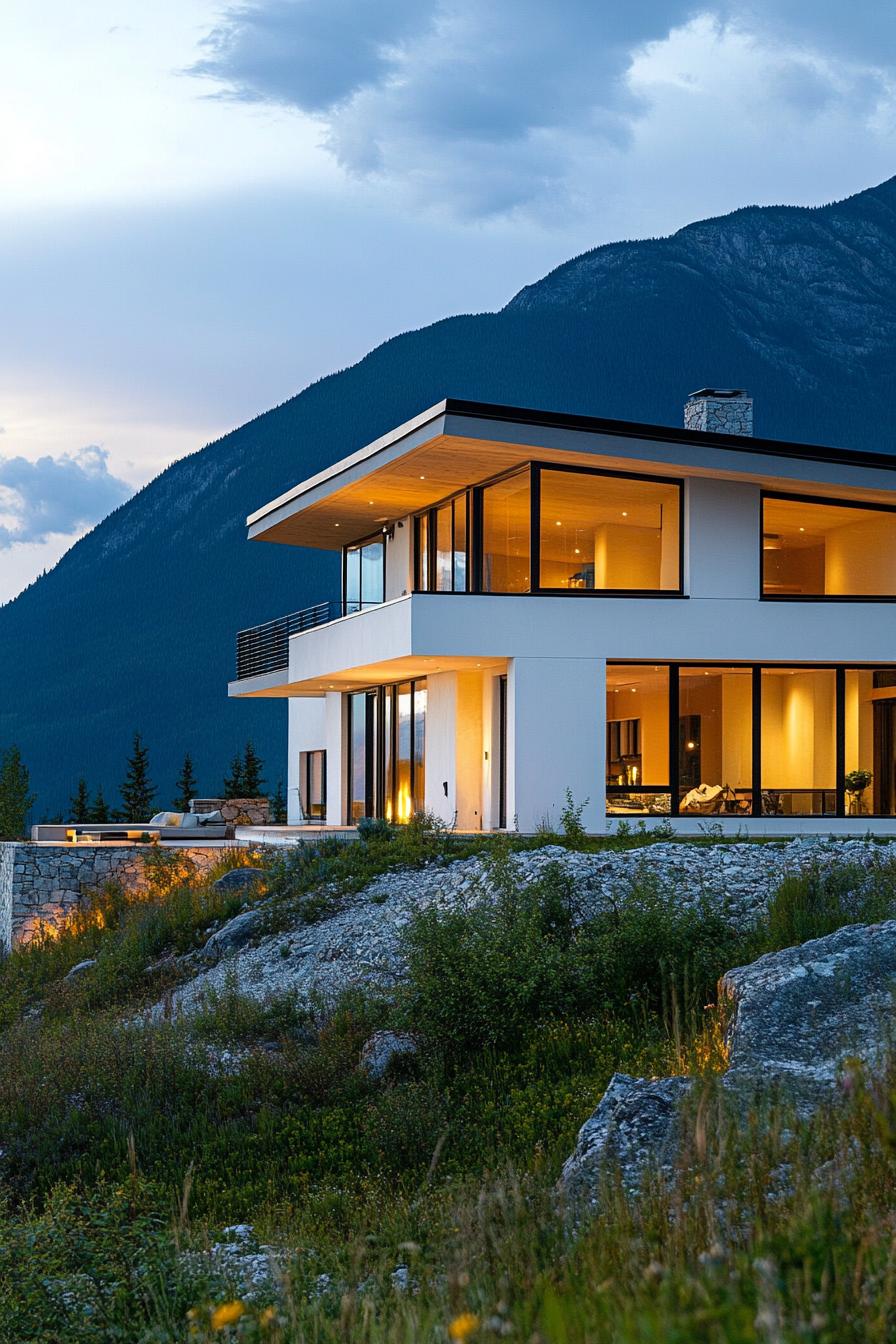 modern white conterete mountain house with panoramic windows Canadian mountains in the background 3