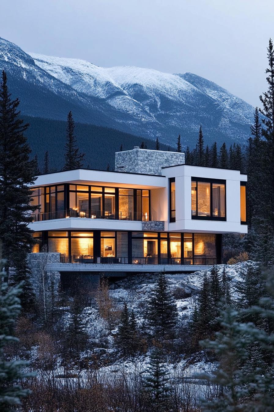 modern white conterete mountain house with panoramic windows Canadian mountains in the background