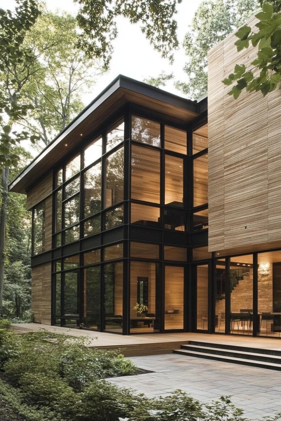 modern wood house light wood bold geometric facade 1