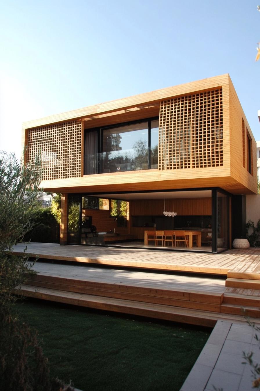 modern wood house light wood bold geometric facade 3