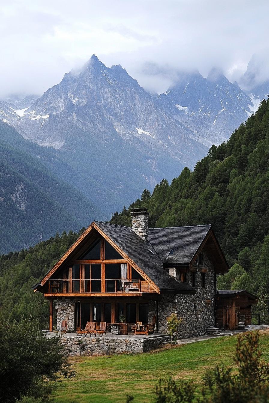 mountain house with imposing lush mountains in the background 1