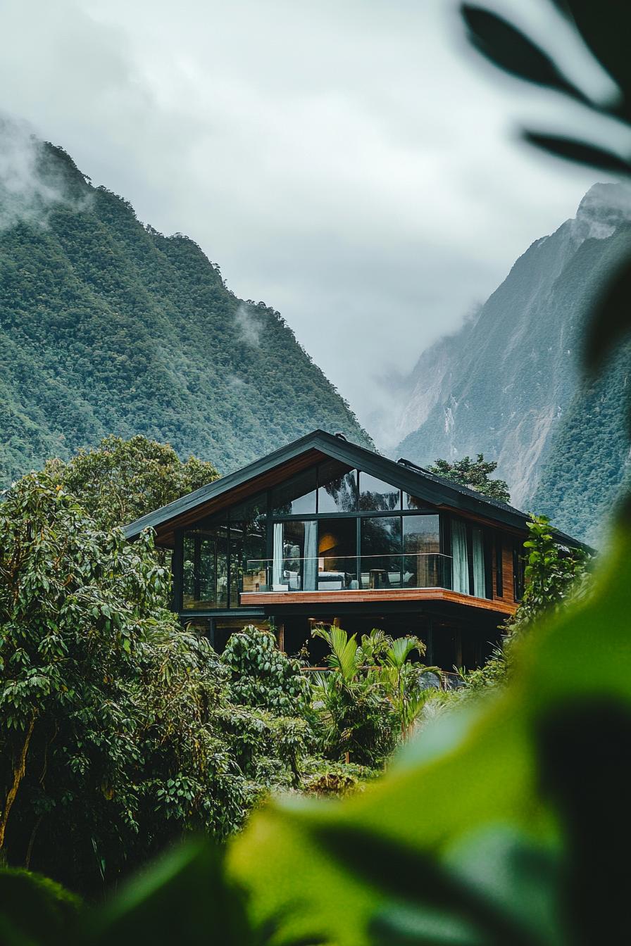 mountain house with imposing lush mountains in the background 2