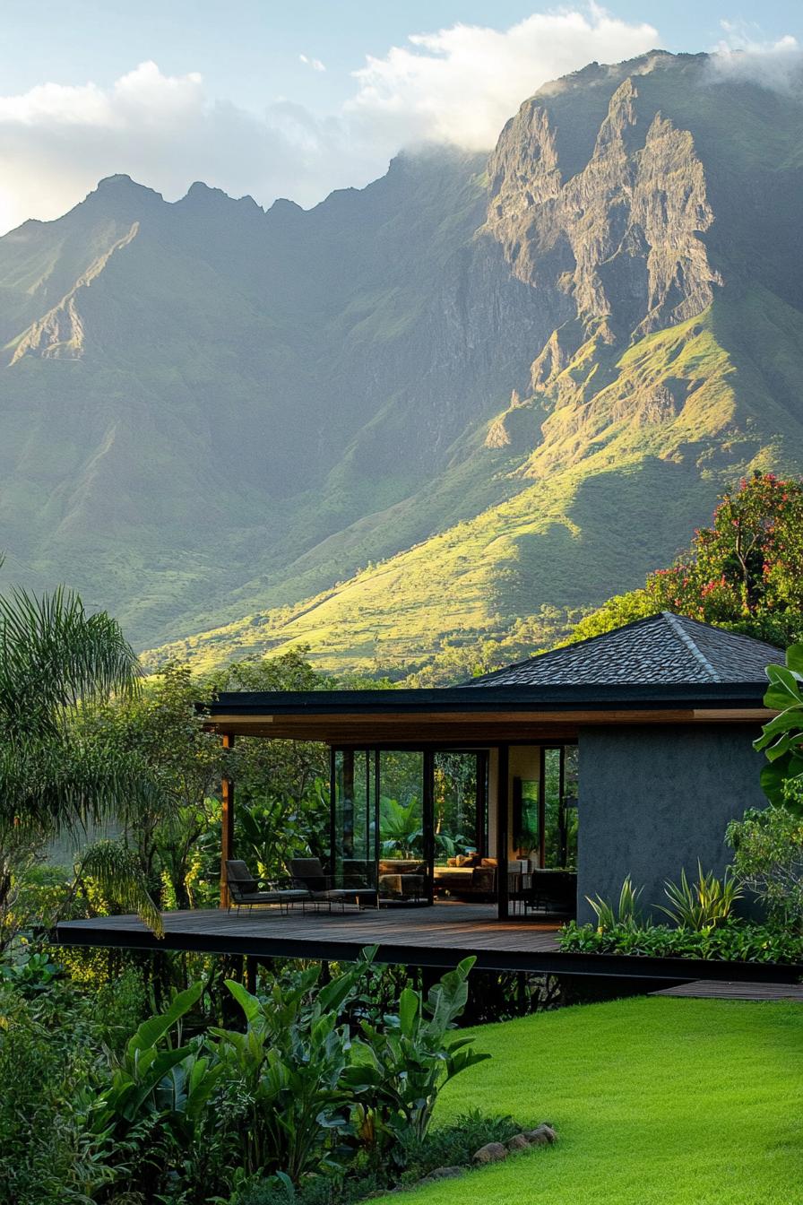 mountain house with imposing lush mountains in the background