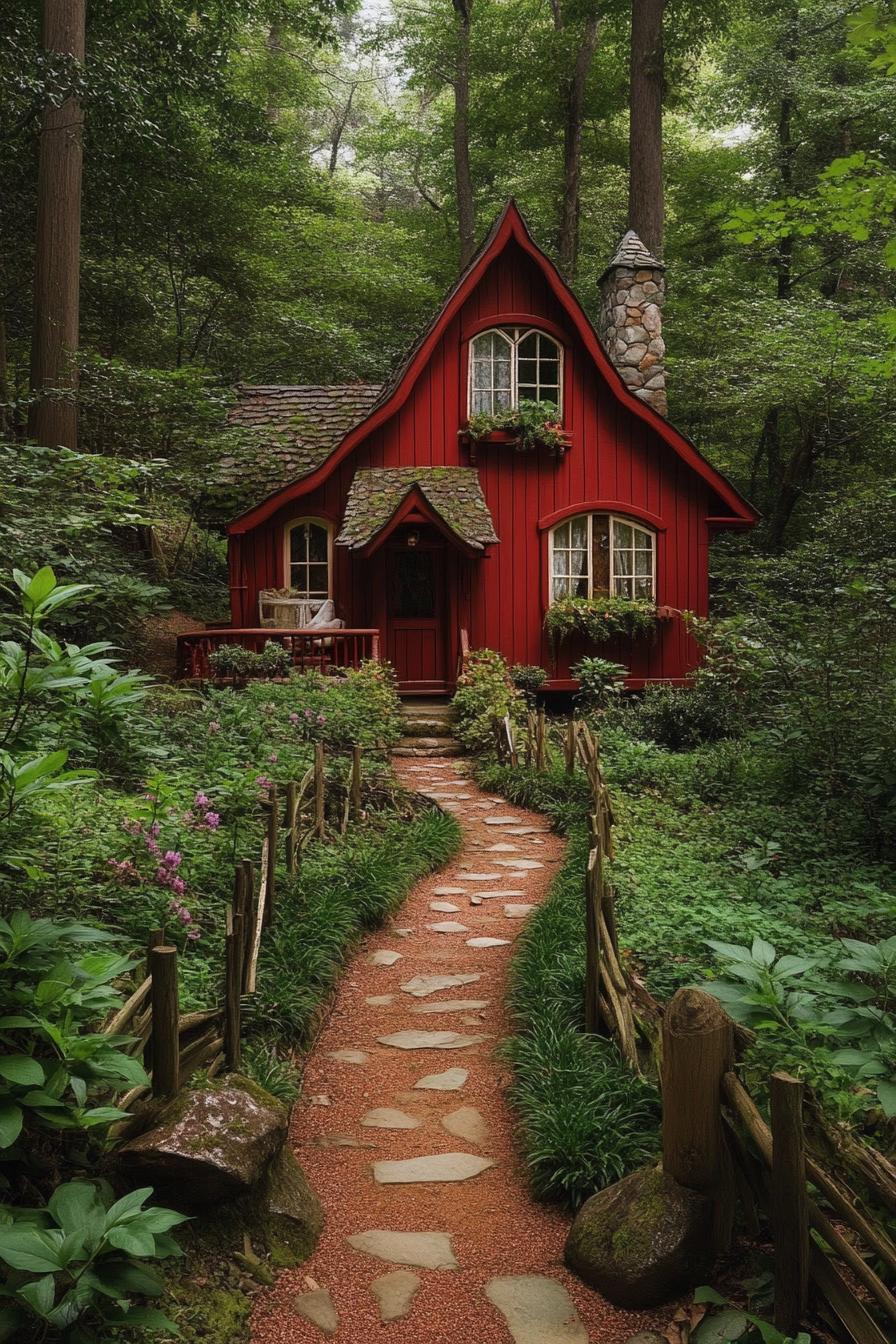 red fairytale cabin in the woods with a lush garden with stone path and fence 1