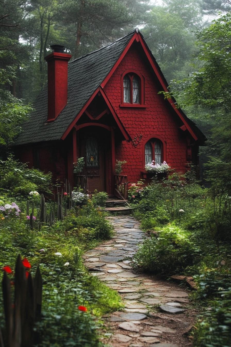 red fairytale cabin in the woods with a lush garden with stone path and fence