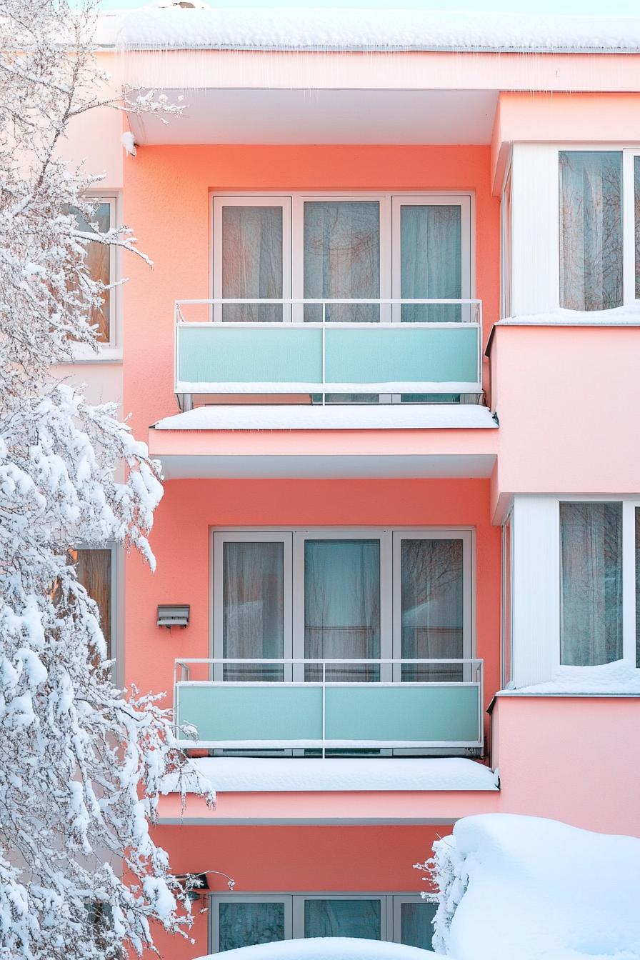 retro style modern house facade in pastel colors in winter 1