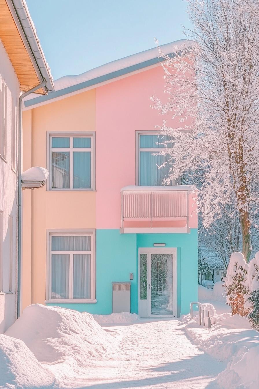 retro style modern house facade in pastel colors in winter 2