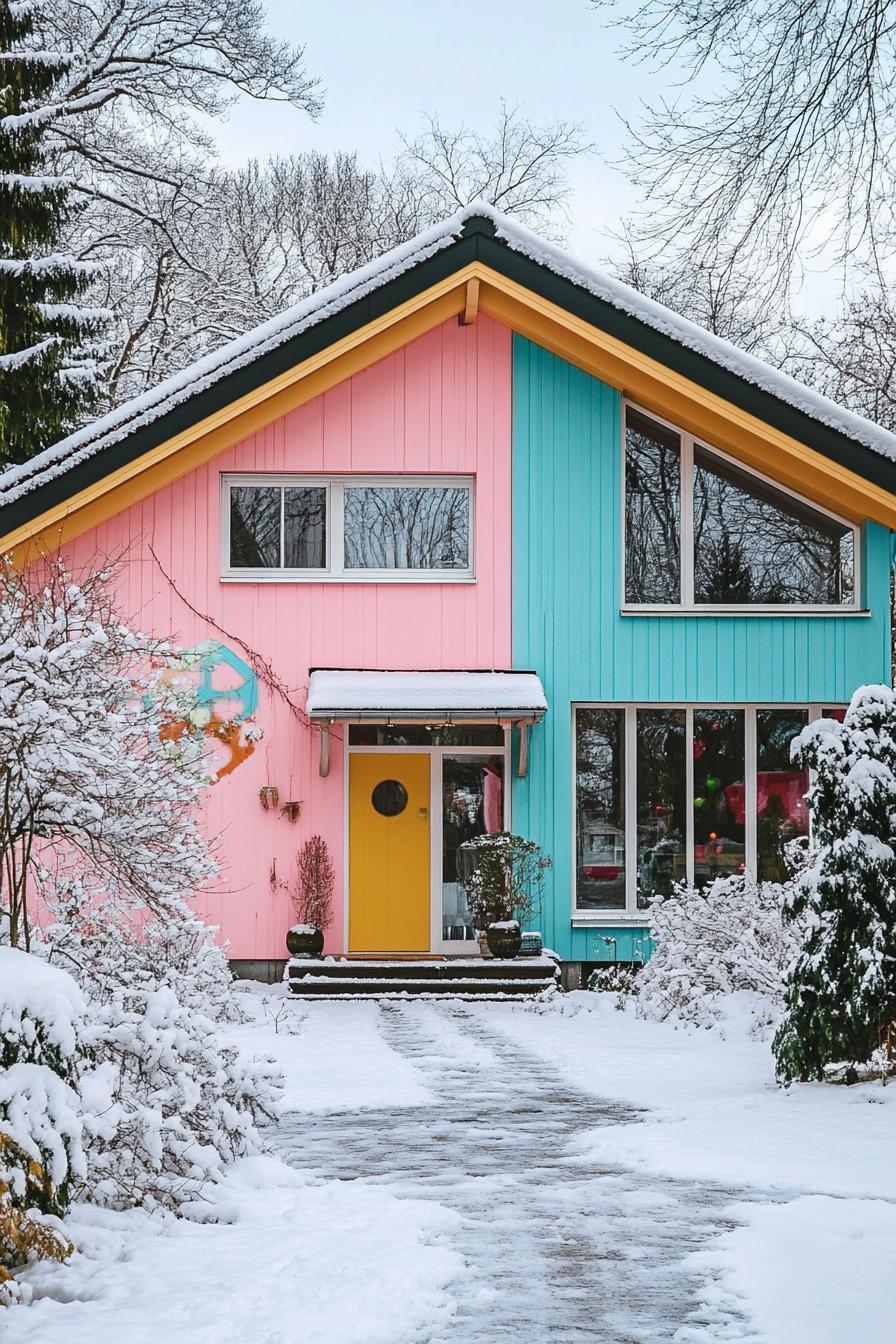 retro style modern house facade in pastel colors in winter 3