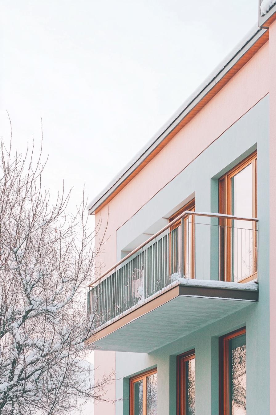 retro style modern house facade in pastel colors in winter