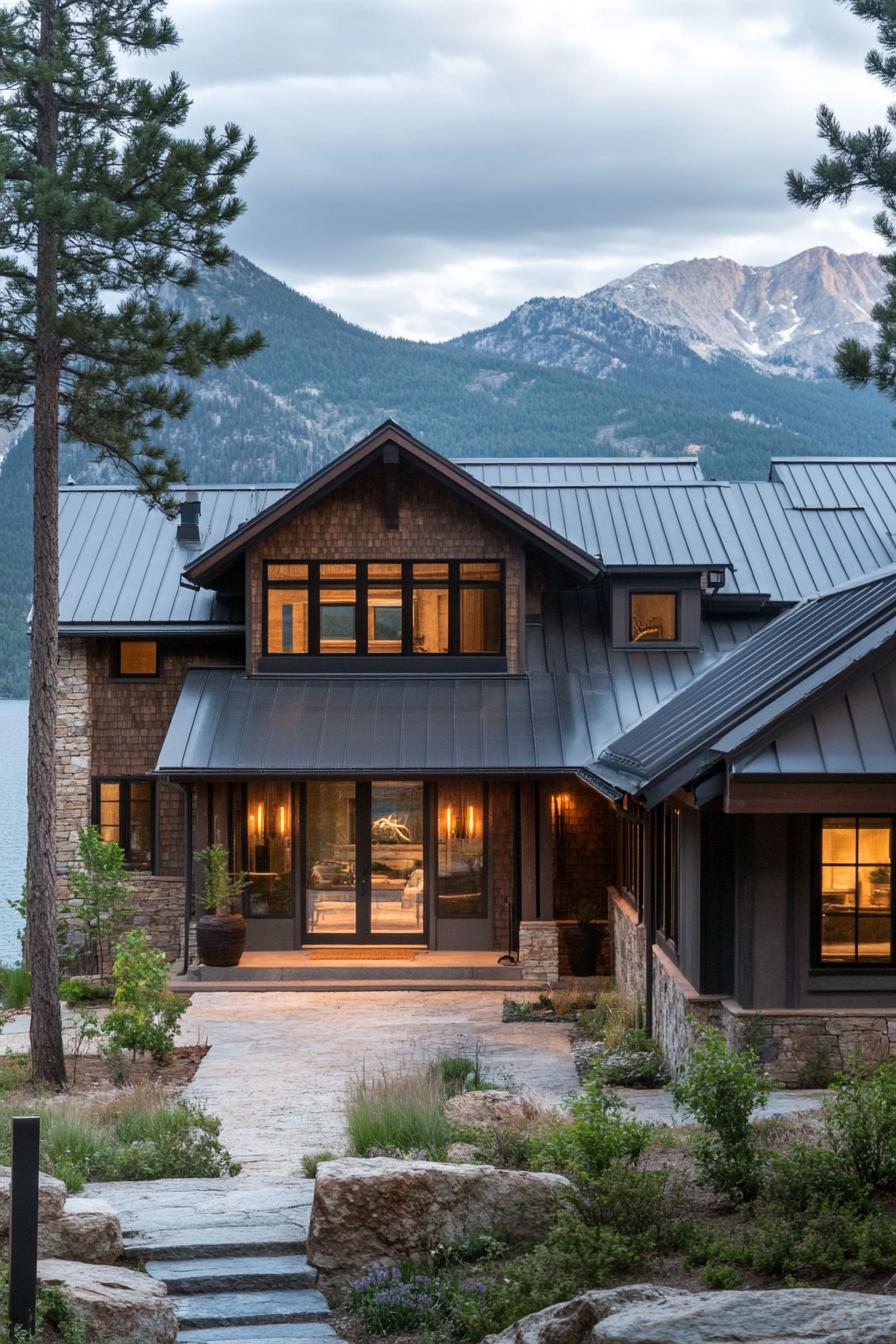 rustic modern lake house facade with shingle siding and metal roof Italian mountain lake 1