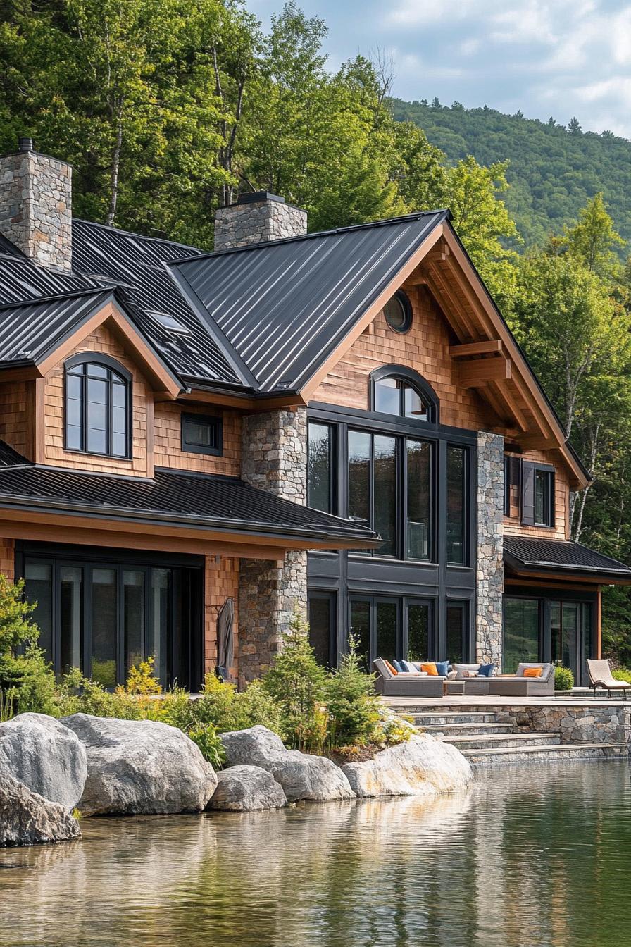 rustic modern lake house facade with shingle siding and metal roof Italian mountain lake 2