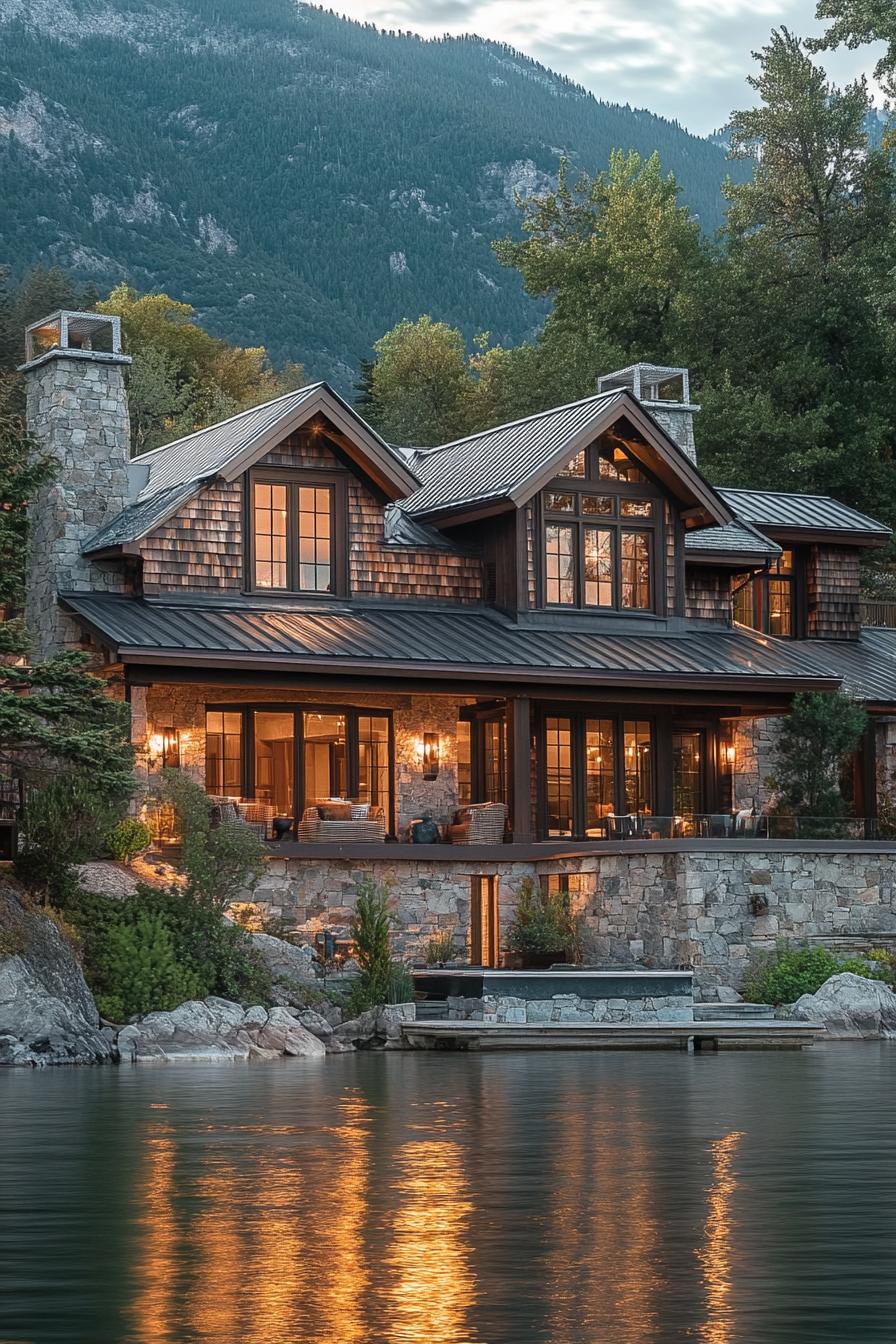 rustic modern lake house facade with shingle siding and metal roof Italian mountain lake 3