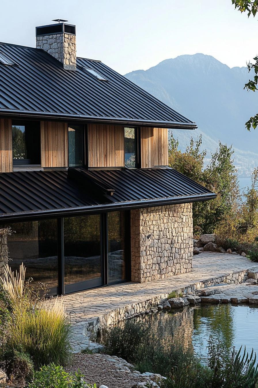 rustic modern lake house facade with shingle siding and metal roof Italian mountain lake