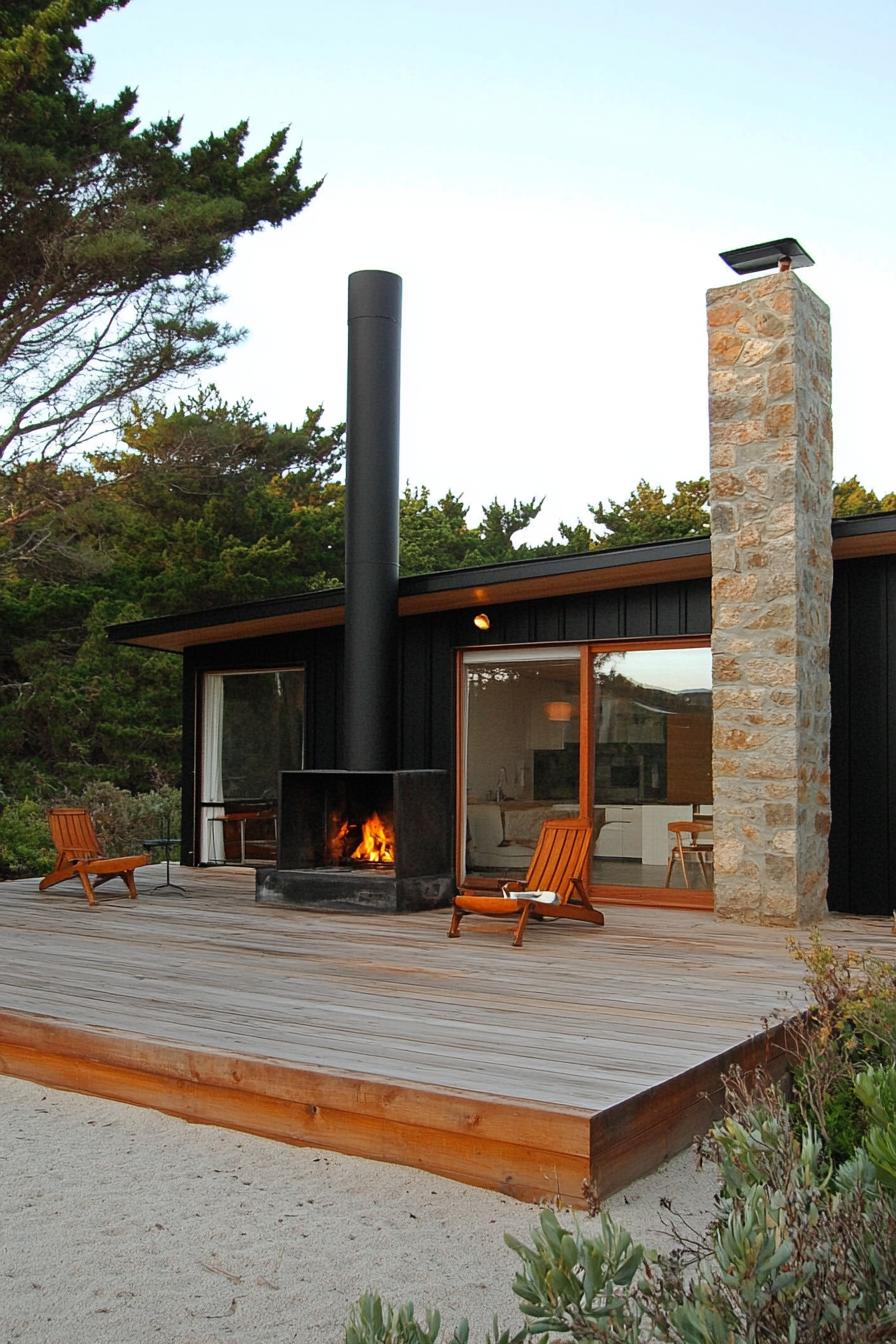 small modern cottage with chimney with deck