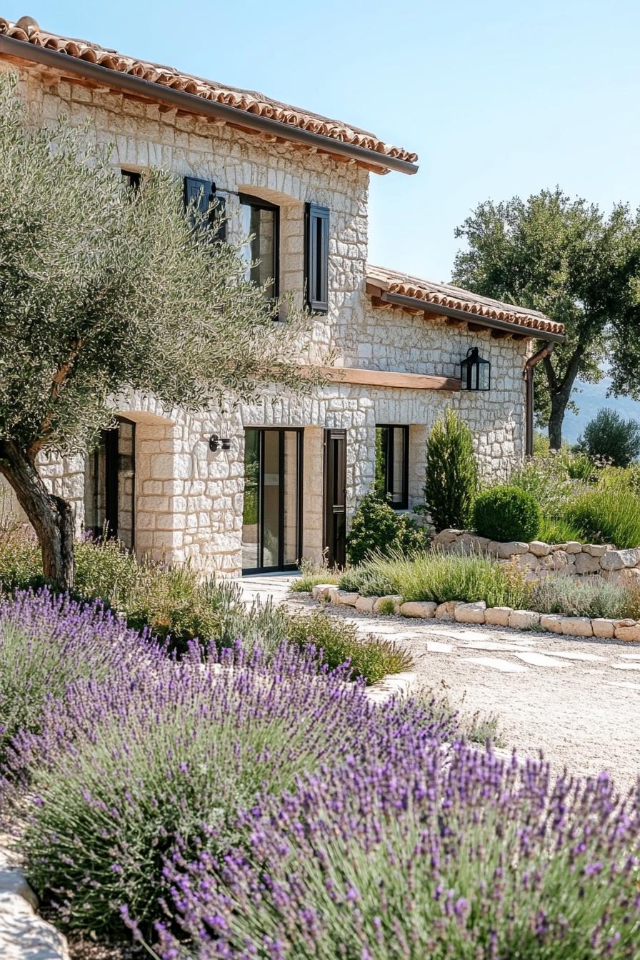 small modern mediterranean house front yard with olive trees and lavenders 1