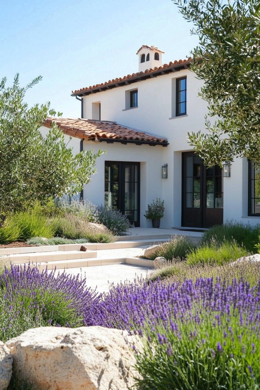 small modern mediterranean house front yard with olive trees and lavenders 2