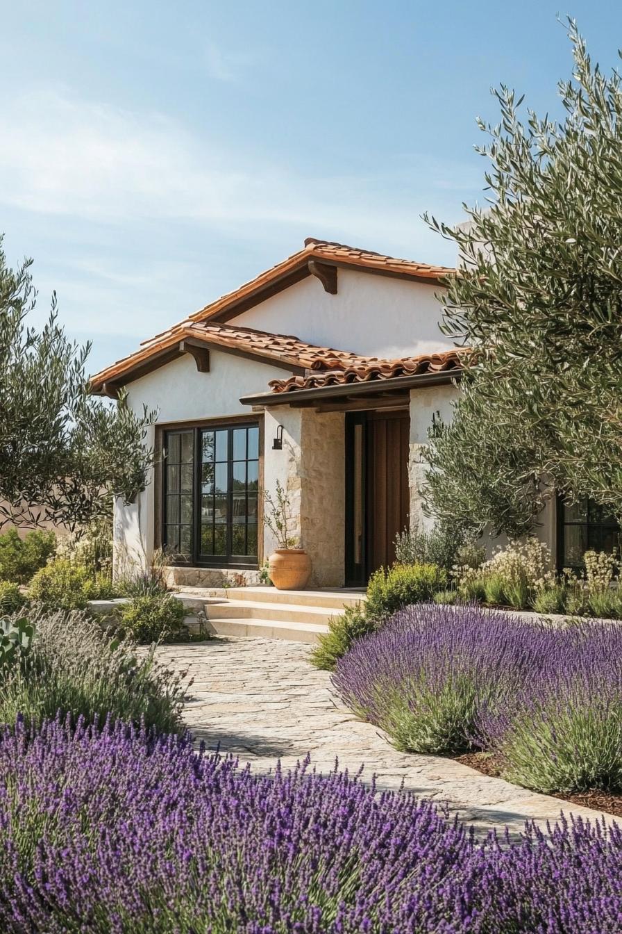 small modern mediterranean house front yard with olive trees and lavenders 3