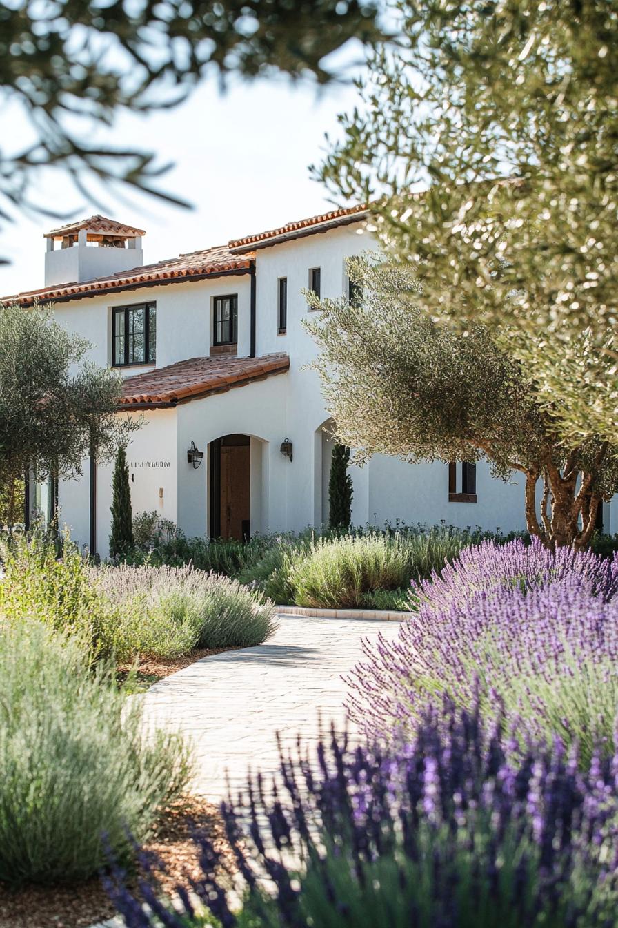 small modern mediterranean house front yard with olive trees and lavenders