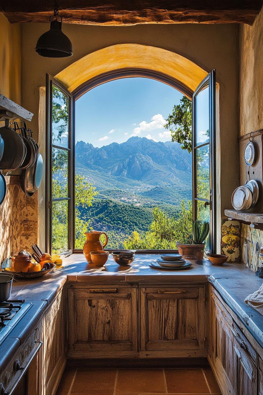 spanish mediterranean kitchen window with stunning mediterranean mountain views 1