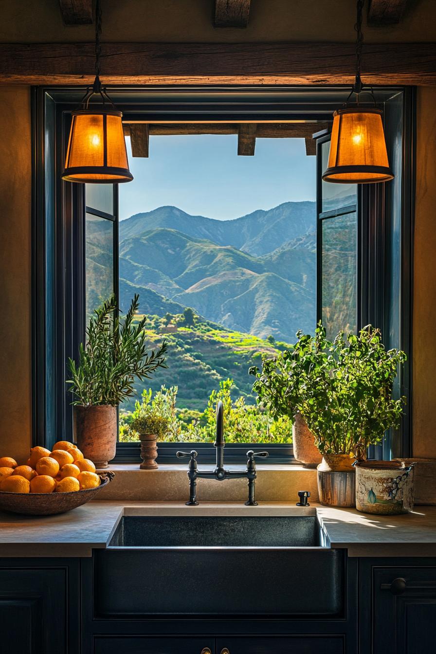 spanish mediterranean kitchen window with stunning mediterranean mountain views