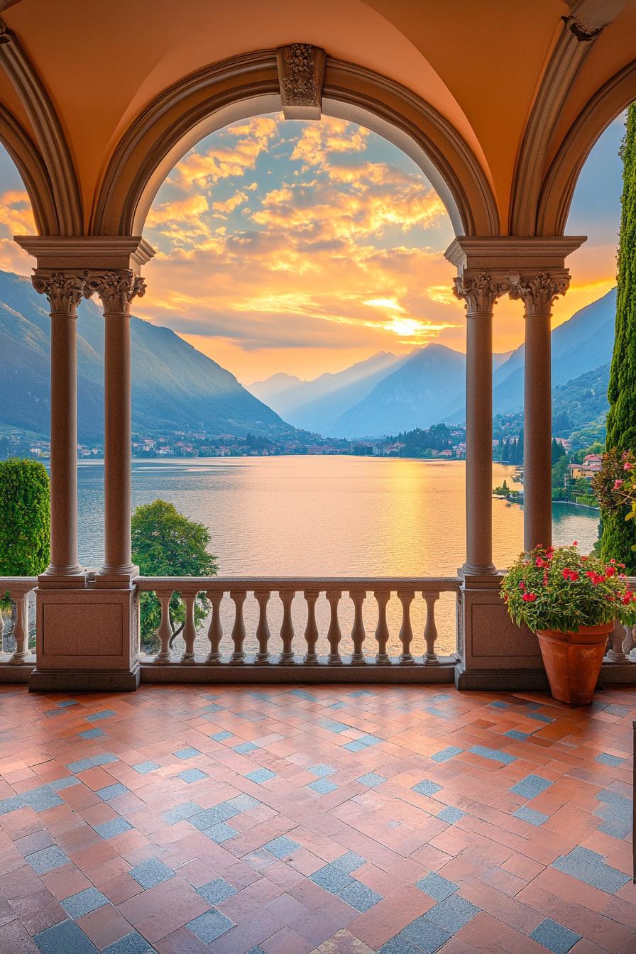 terrace of an italian villa with arches and tiled floor stunning view of large lake surrounded by mountains during sunset 1