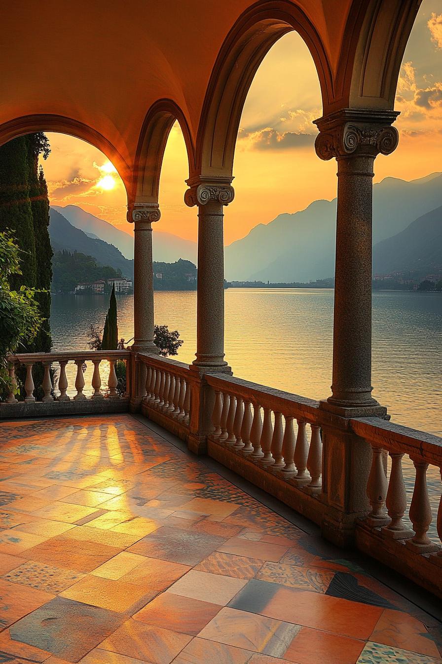 terrace of an italian villa with arches and tiled floor stunning view of large lake surrounded by mountains during sunset