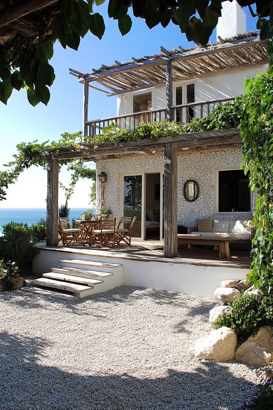 tiny mediterranean beach front house with white and stone mosaic facade wooden porch with vines stone deck with steps gravel terrace downstais