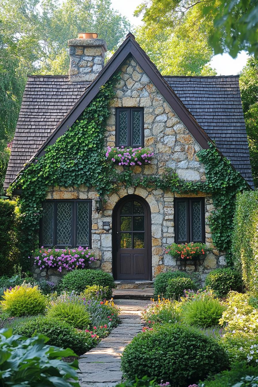 tiny tudor style cottage with stone facade with vine flowers modern door with glass panels shingle roof garden with bushes