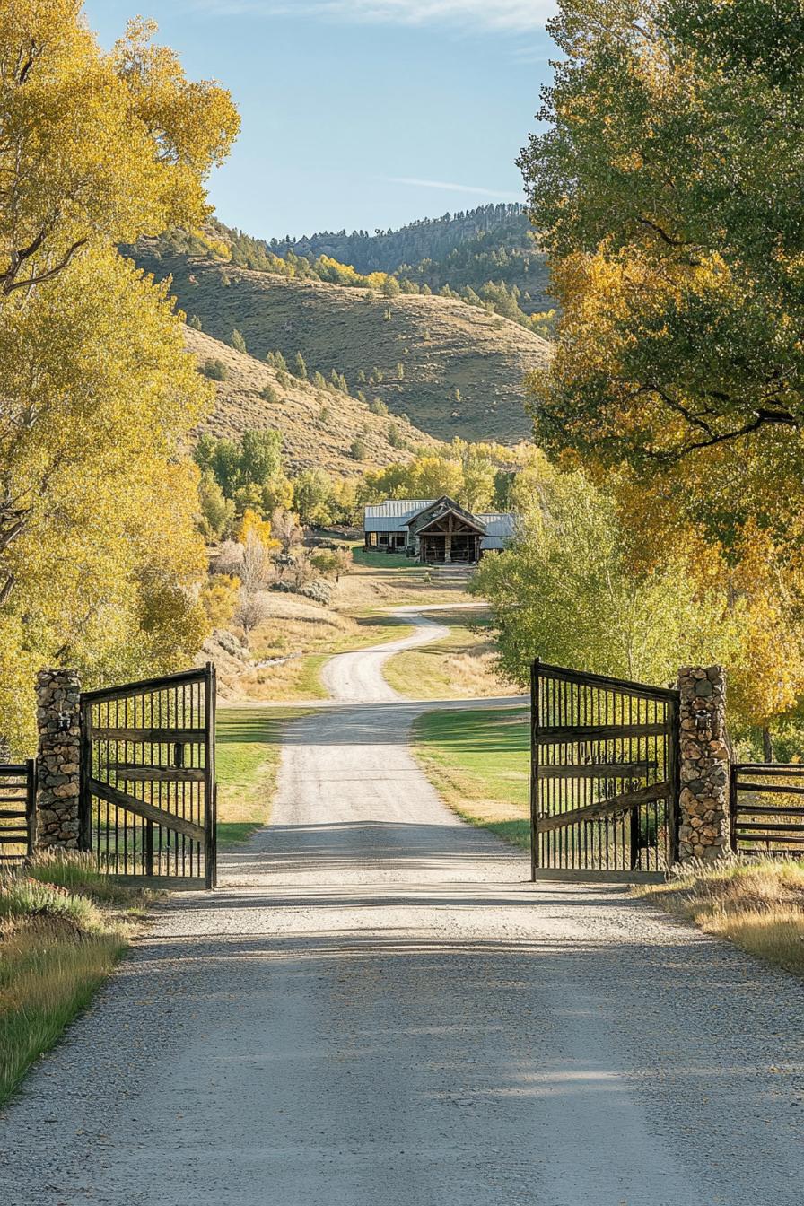 traditional ranch entrance direway mountain road large gate ranch house at the end of driveway 1