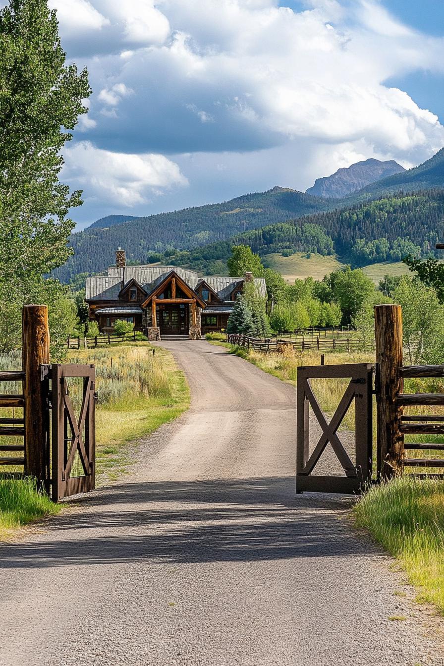 traditional ranch entrance direway mountain road large gate ranch house at the end of driveway 2