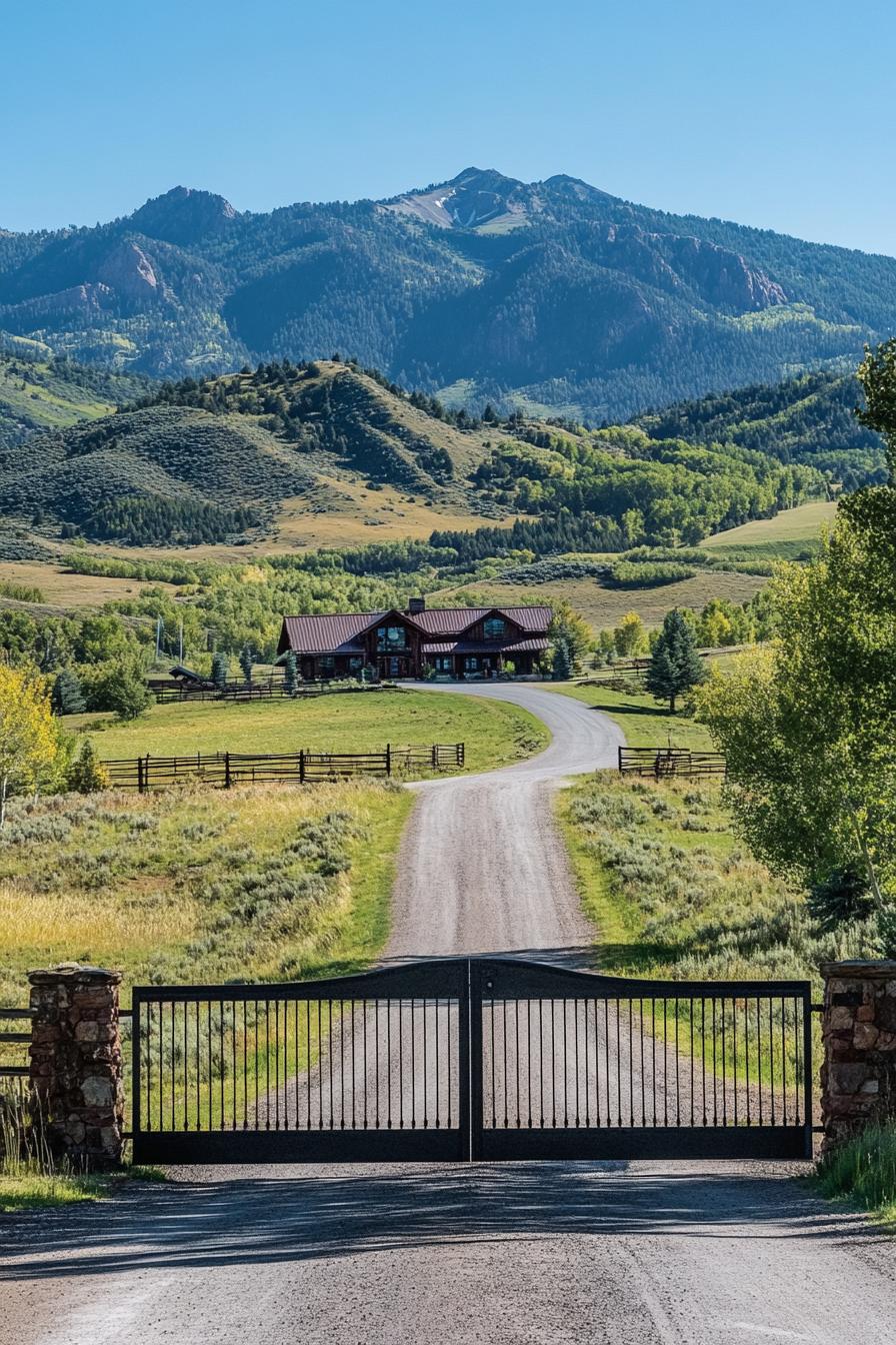 traditional ranch entrance direway mountain road large gate ranch house at the end of driveway