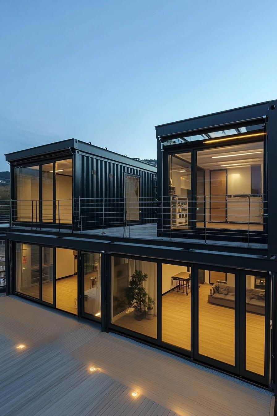 two modern container apartment buildings connected with one large gable roof with full glass walls a terrace between the wings