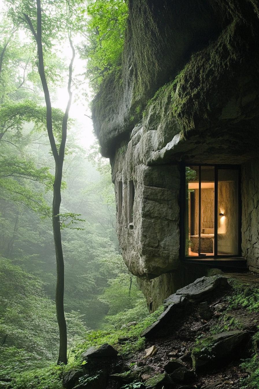 unusual house facade built into a forest cliff there are doors and windows directly in the cliff rocks 1