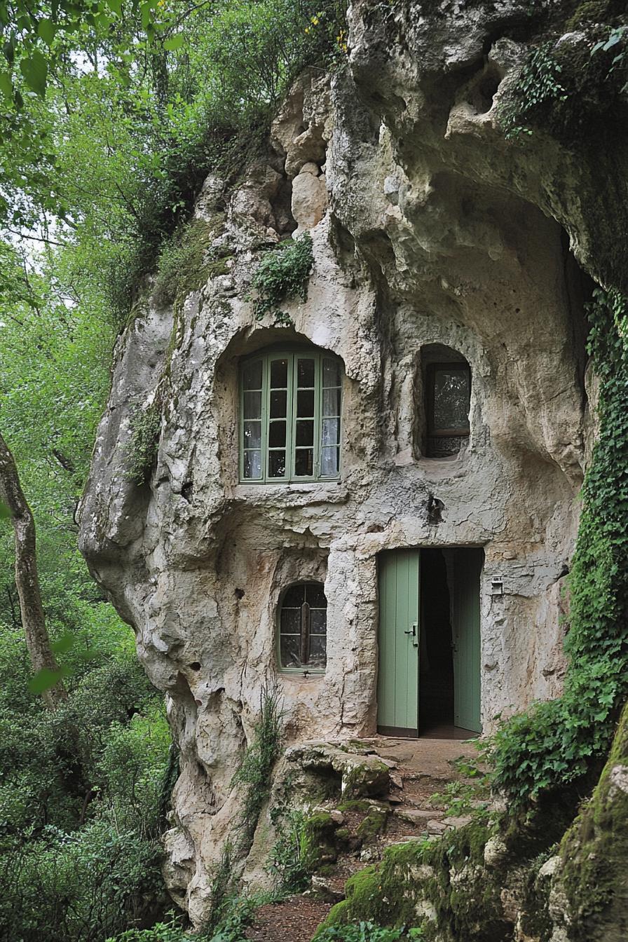 unusual house facade built into a forest cliff there are doors and windows directly in the cliff rocks 2