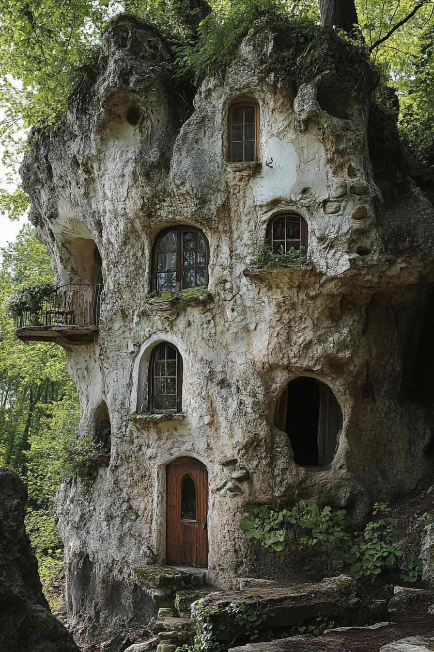 unusual house facade built into a forest cliff there are doors and windows directly in the cliff rocks