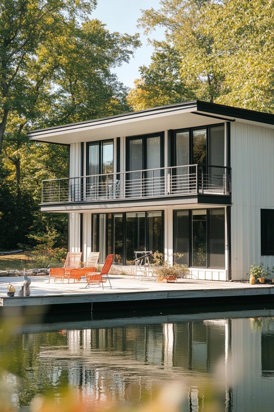 70s midcentury house facade with vertical and horizontal siding lakeside yard with dock 1