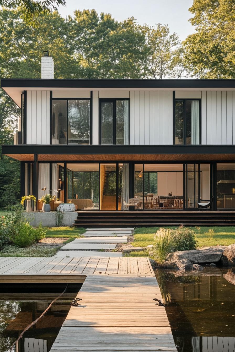 70s midcentury house facade with vertical and horizontal siding lakeside yard with dock 2