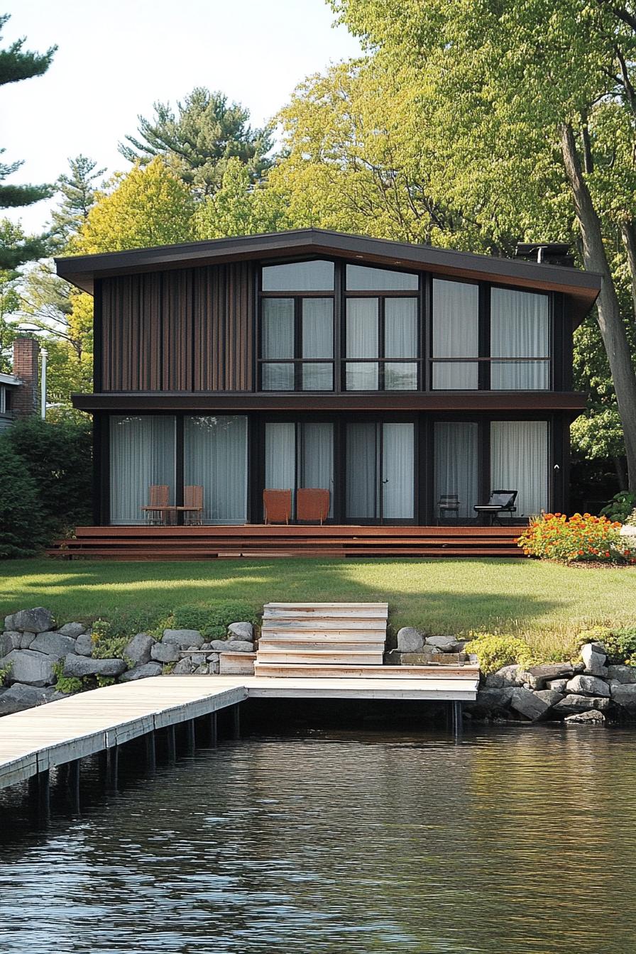 70s midcentury house facade with vertical and horizontal siding lakeside yard with dock 3