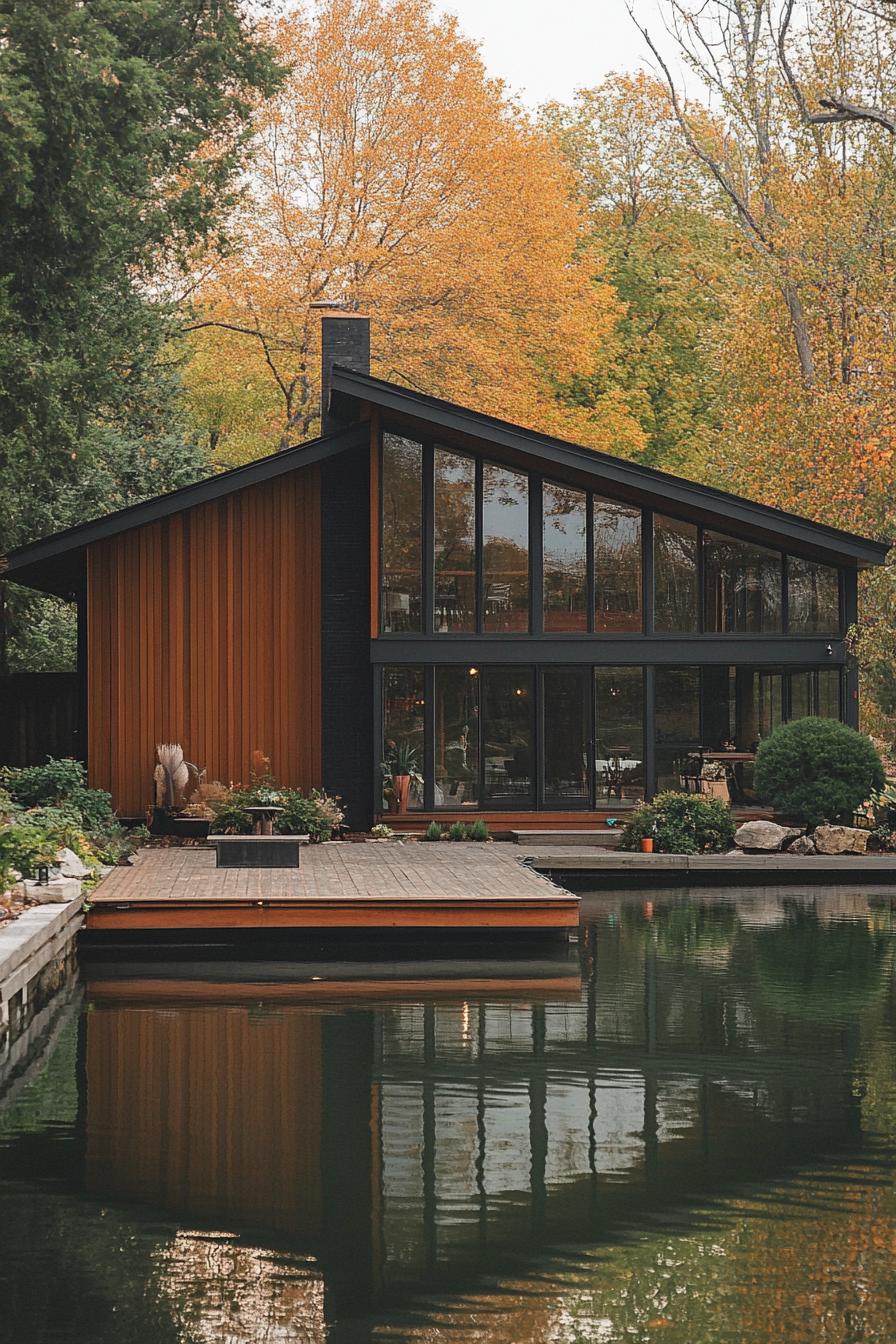 70s midcentury house facade with vertical and horizontal siding lakeside yard with dock