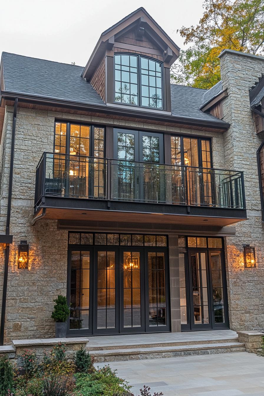 English cottage style townhouse with second story balcony with glass railings 1