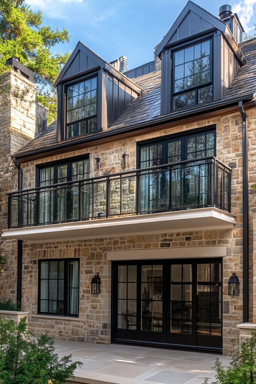 English cottage style townhouse with second story balcony with glass railings 2