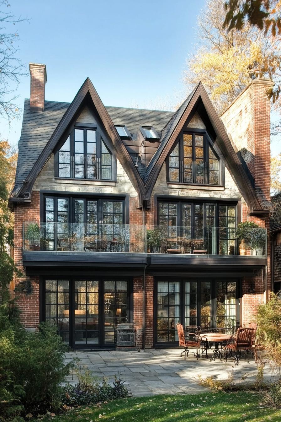 English cottage style townhouse with second story balcony with glass railings 3