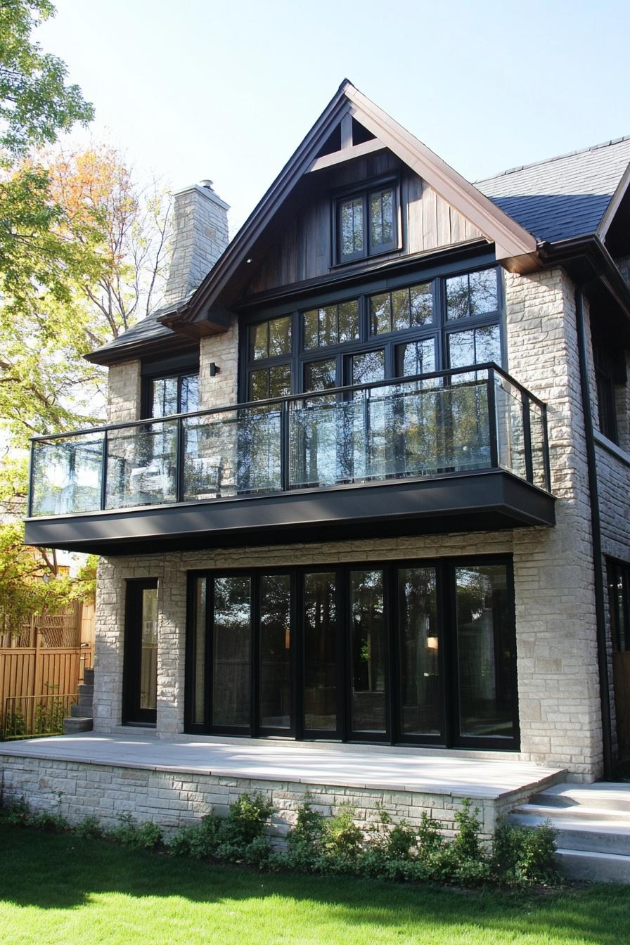 English cottage style townhouse with second story balcony with glass railings