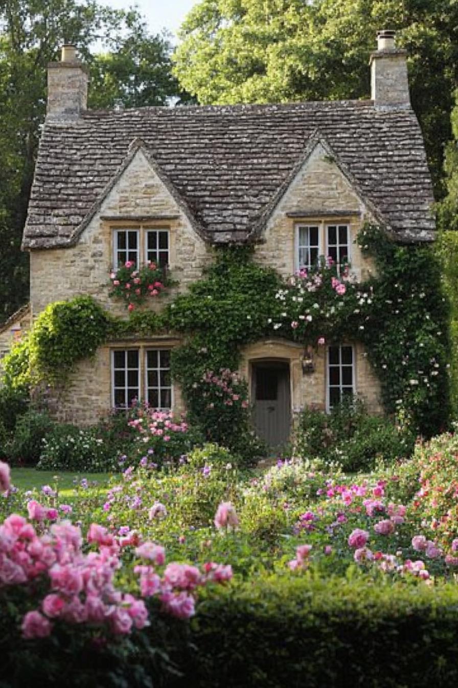 English country house with stone siding multi pitch roof facade overgrown with vine roses lush garden with wildflowers