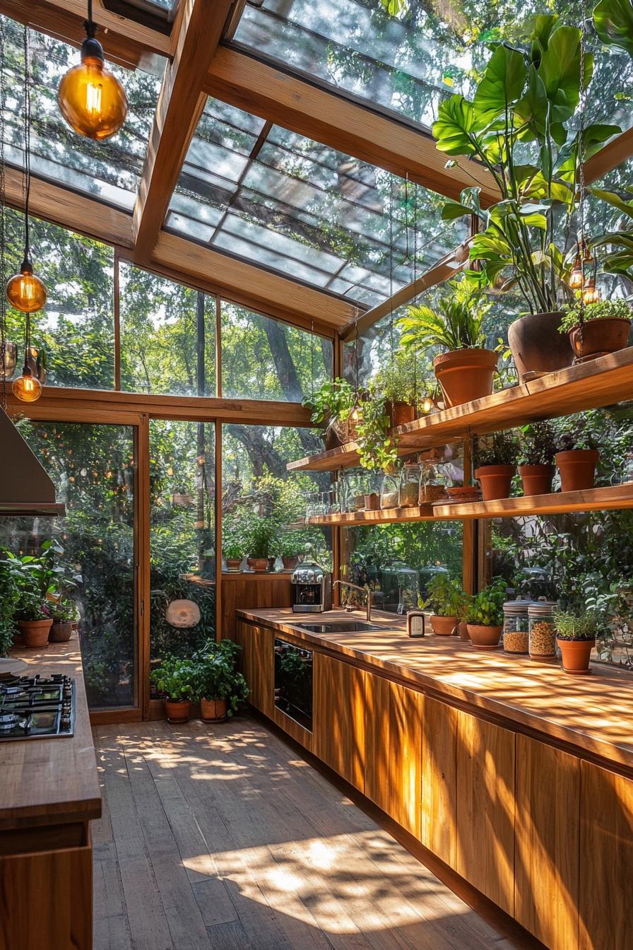 Interior of a kitchen with a glass ceiling and large glass windows. Wooden beams frame the ceiling complemented by hanging lights with warm toned 1