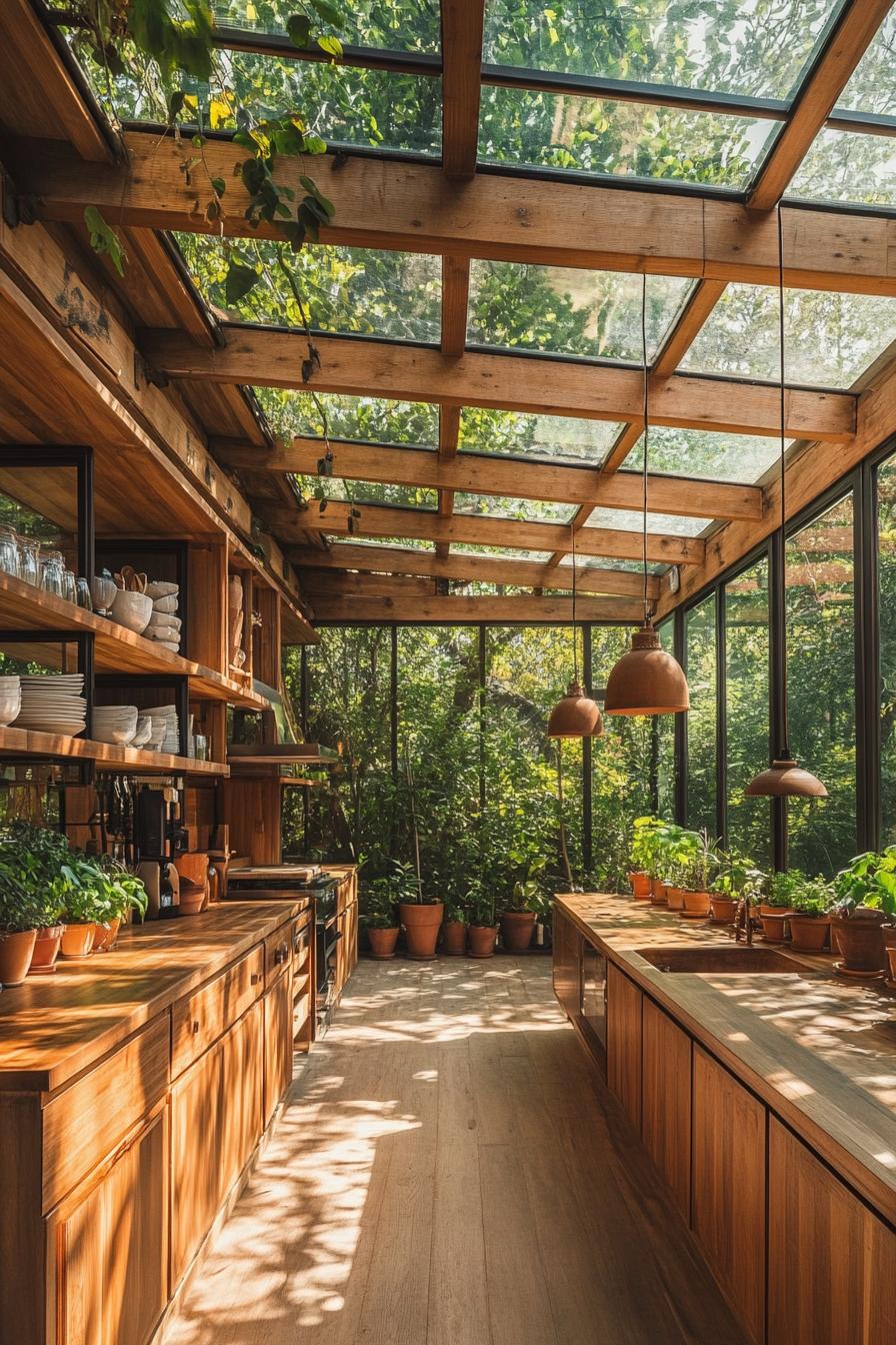 Interior of a kitchen with a glass ceiling and large glass windows. Wooden beams frame the ceiling complemented by hanging lights with warm toned